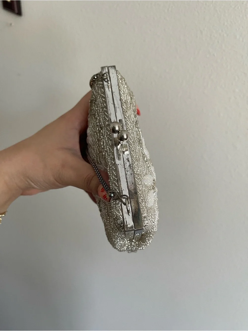 Vintage Silver Beaded Floral Evening Bag